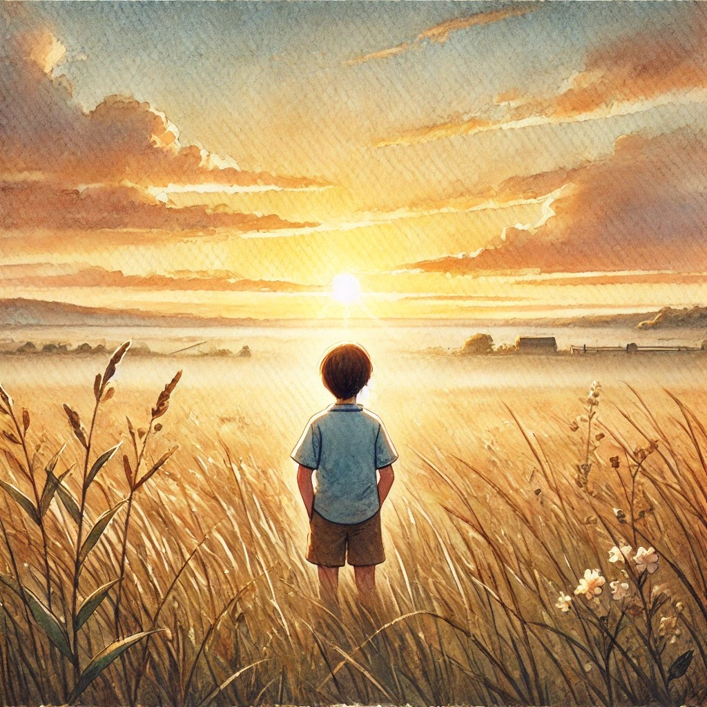 Watercolor illustration of a child standing in a golden sunrise field, looking toward the light