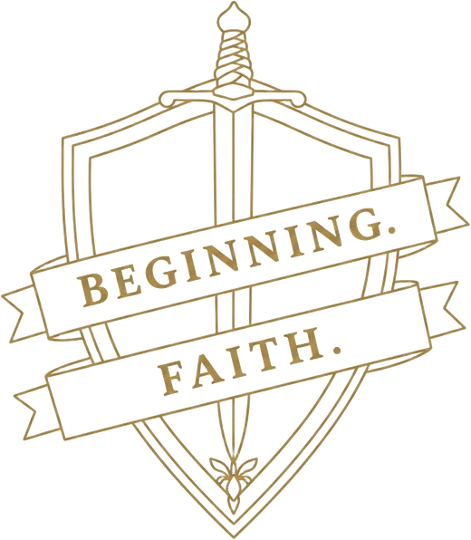 Beginning Faith crest: antique gold sword-and-shield emblem