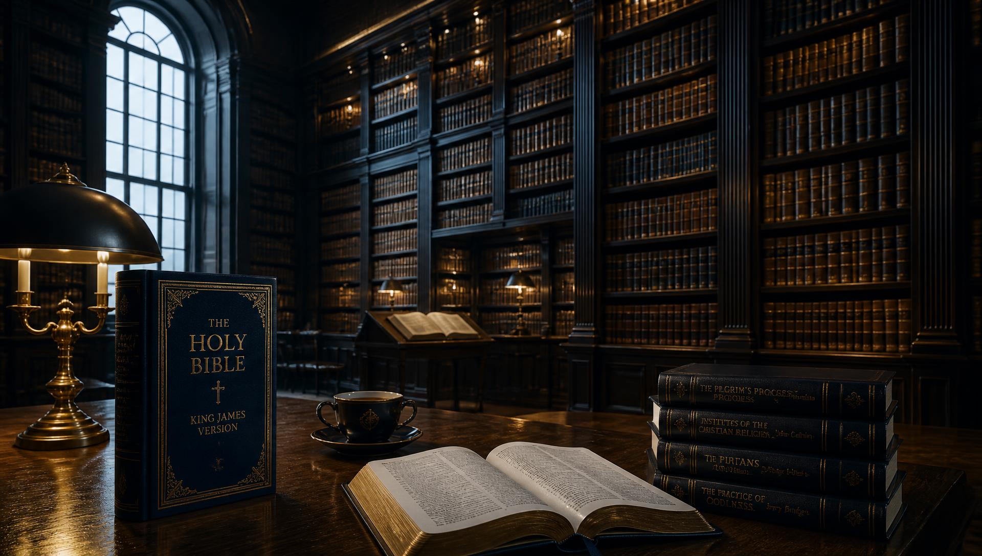 A stately old university library with floor-to-ceiling dark wood shelves, warm lamplight and a tall window; on the foreground desk sits Beginning Faith beside a cup of coffee, an open Bible and a stack of classic Christian works